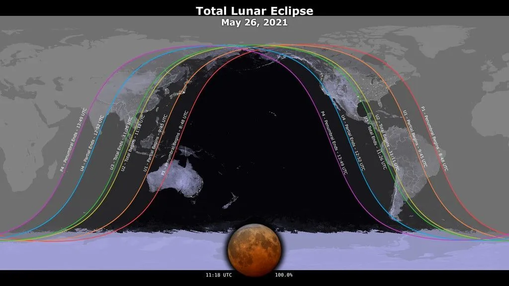 Visibility map for total lunar eclipse of May 26, 2021, showing colored contour lines marking regions where the eclipse is visible.