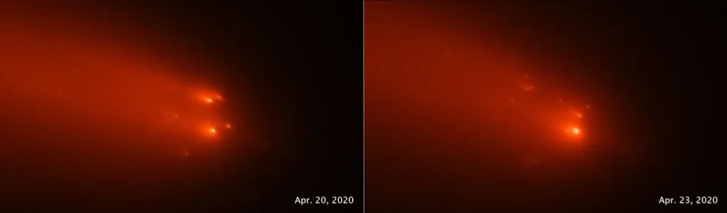bright comet fragments followed by tail in red