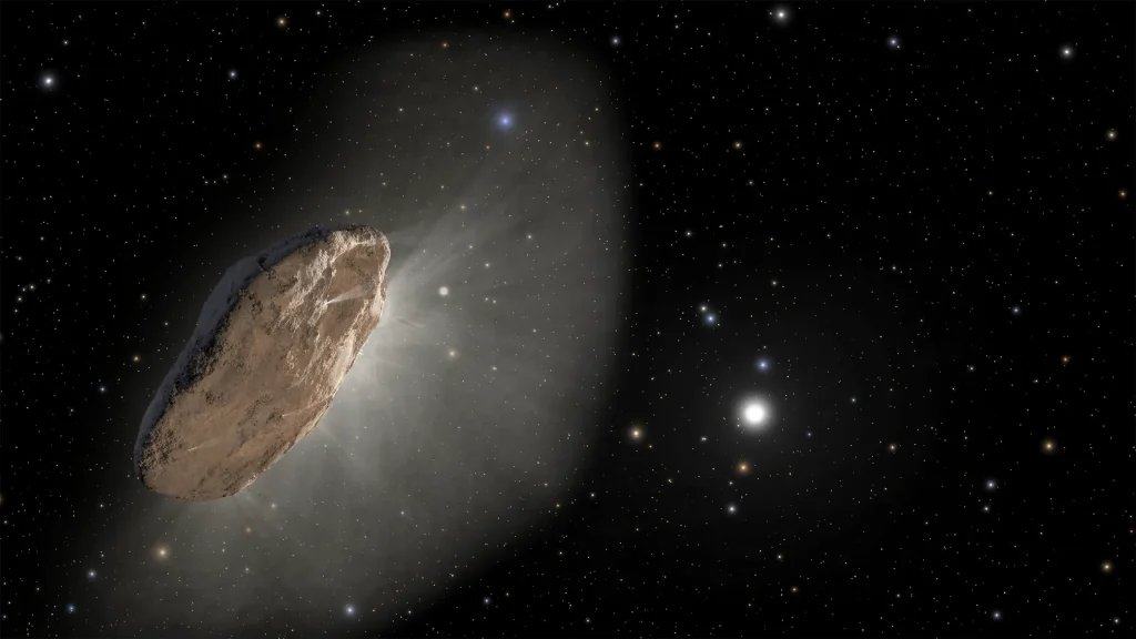 Illustration of a large, brown, oblong rock in space with thin jets of gas venting from the surface