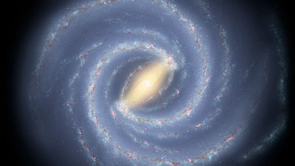 Illustration of a galaxy with a bright center and curved spiral arms.