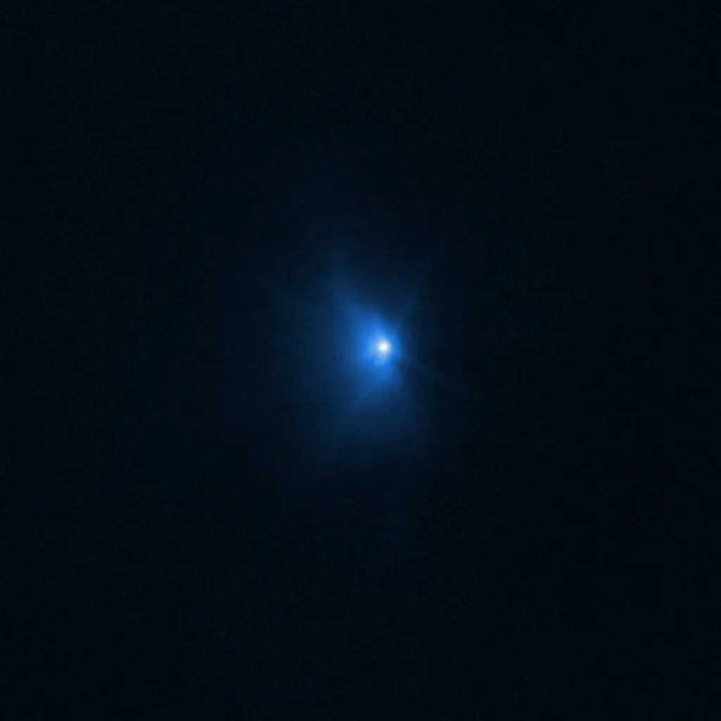 Three blue-hued, views from hubble showing didymos-dimorphos asteroid system after dart impact. a bright, white-blue center and streaks of darker blue emanating outward, with the streaks growing in length across the three images.