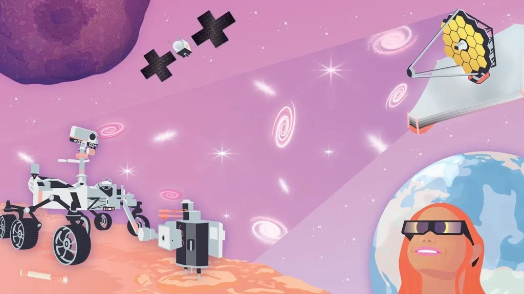 Whimsical view of cartoon planets and spacecraft and aircraft.