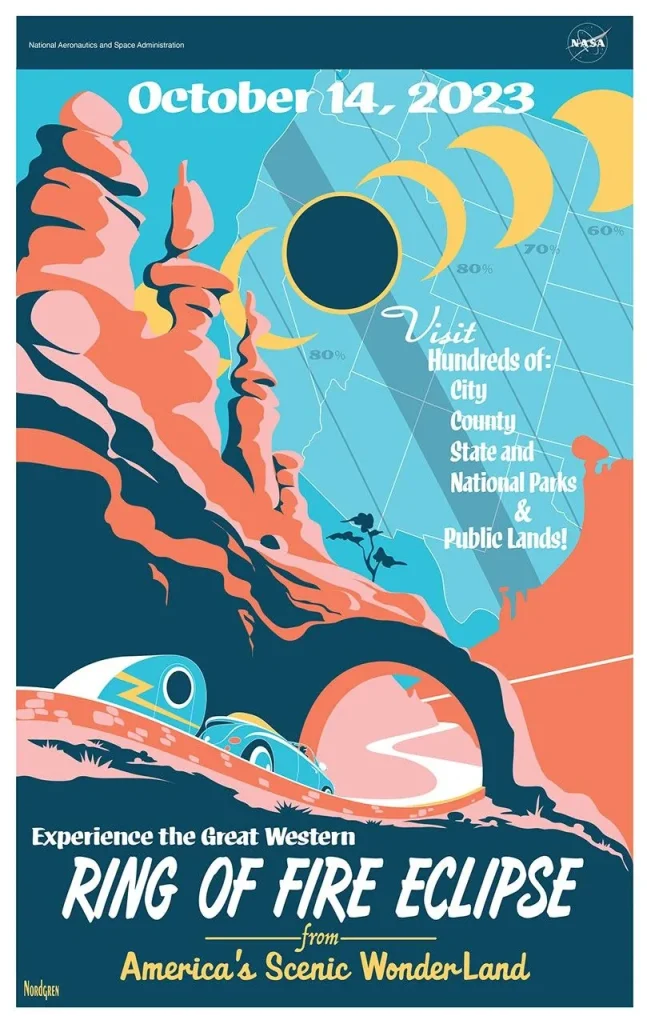 There is a retro-style backdrop of stacked stones, reminiscent of the American west. A convertible with a trailer attached to back drives along the road, under a stone archway. An annular eclipse is against the sky, shown as a yellow ring surrounding a black circle. Part of the eclipse path against a map of the U.S. is in the background. The poster reads "October 14, 2023. Visit hundreds of City, County, State and National Parks & Public Lands. Experience the Great Western RING OF FIRE ECLIPSE from America's Scenic Wonder Land."