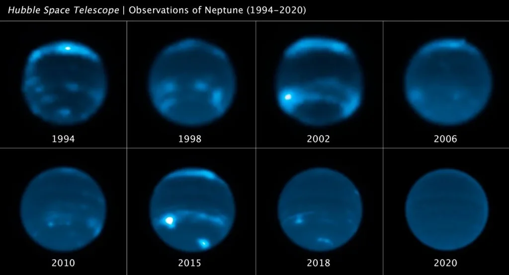This sequence of Hubble Space Telescope images chronicles the waxing and waning of the amount of cloud cover on Neptune. This display shows Hubble snapshots of the planet taken in the years 1994, 1998, 2000, 2002 (top row, from left to right) and 2006, 2010, 2015, 2020 (bottom row, from left to right). The planet is blue (due to methane absorption of red light in its atmosphere) and the high-altitude, cirrus-like clouds are white. A comparison of Neptune's cloud cover corresponds to peaks in the 11-year-long repeating solar cycle where the Sun's level of activity rhythmically rises and falls. Apparently, an increase in solar ultraviolet radiation causes chemical changes that affect Neptune's amount of cloud cover.