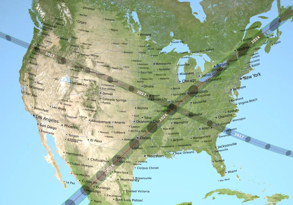 A map of North America showing the crossing paths of the 2017 and 2024 total solar eclipses.