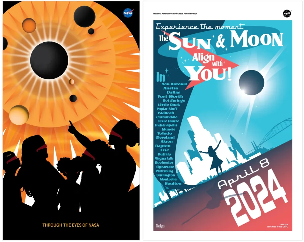 On the left, Kristen Perrin's eclipse poster – orange and black with silhouettes of people looking at and pointing at an eclipse. On the right, Tyler Nordgren's poster, shades of blue and red with a city skyline. The words "The Sun & Moon Align with You" on the top.