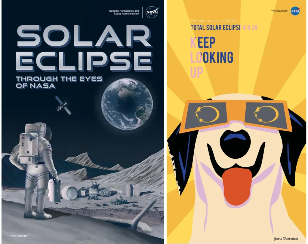 On the left, is Kim's artwork, featuring an astronaut on the Moon. On the right is Duberstein's artwork, featuring a dog watching the eclipse.