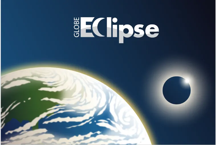 A stylized drawing shows Earth covered with clouds. To the right is an eclipsed Sun as it would appear from Earth’s surface. The text “GLOBE Eclipse” appears at the top of the image.
