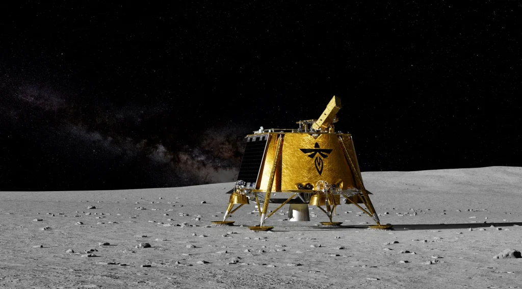 An artist’s rendering of the surface of the moon, gray and rocky with a dark sky above it. In the foreground is a gold-colored lunar lander, round and on atop four lets. The LEXI instrument juts out from the top.