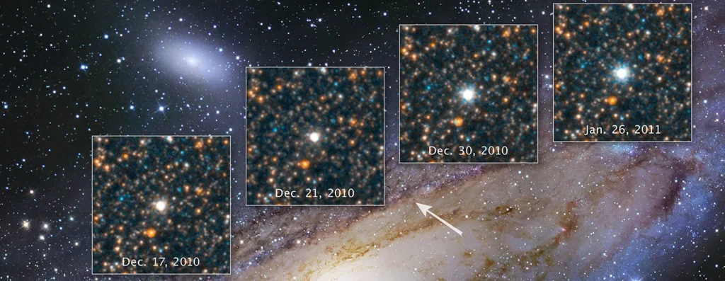A Hubble image of the Andromeda galaxy, tilted from the bottom left to top right. The outer edges of the galaxy are blue, while the inner two-thirds is yellowish with a bright, central core. Four inset boxes form an arc along the top portion of the galaxy, each showing a bright white star in the center surrounded by other stars. Each box has a correlating date at the bottom: Dec. 17, 2020, Dec. 21, 2010, Dec. 30, 2019, and Jan. 26, 2011. The center star in the boxes appears brighter with each passing date. An arrow from galaxy's right center spiral arm points to the boxes, indicating where the star originates in the galaxy.