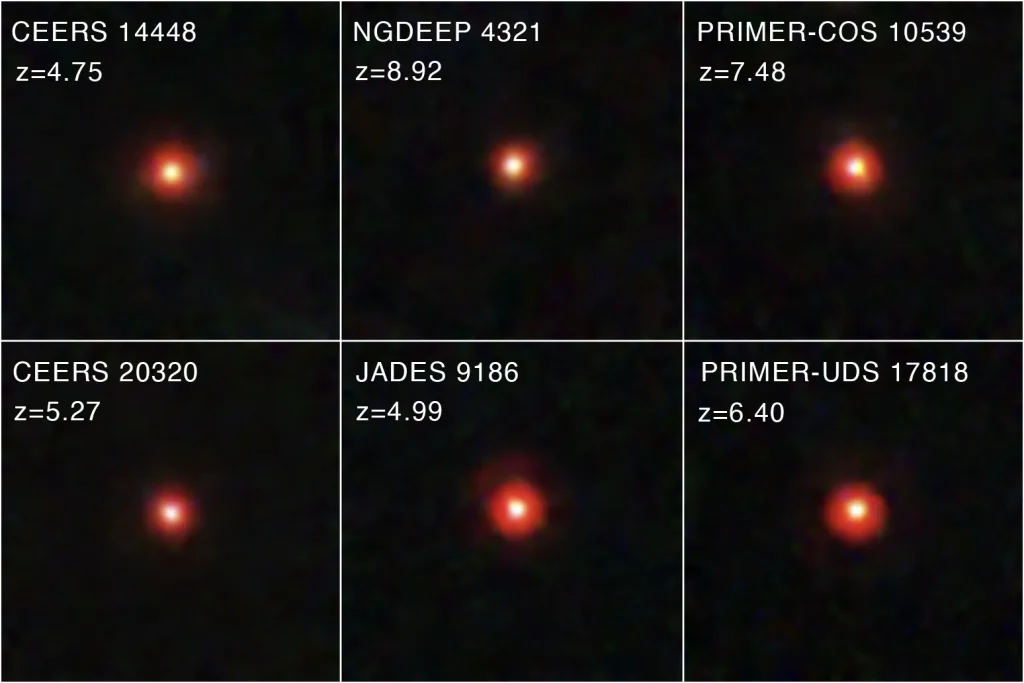 Six Webb images of little red dots are combined in a two-row mosaic. Each little red dot is centered within a square frame and lies against the black background of space. Each dot has a yellow-white circular core surrounded by a red, fuzzy ring. White text in the top left corner of each box lists the source’s name from the Webb surveys, and its redshift. From left to right, the top row reads CEERS 14448, z = 4.75; NGDEEP 4321, z = 8.92; and PRIMER-COS 10539, z = 7.48. The bottom row reads CEERS 20320, z = 5.27; JADES 9186, z = 4.99; and PRIMER-UDS 17818, z = 6.40.
