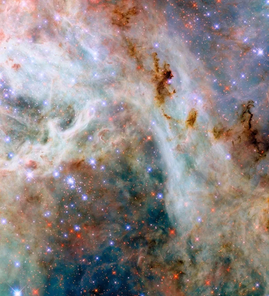 A portion of a nebula, made of variously colored layers of dust clouds. One upper layer is dark reddish dust which is dense and obscures light, in places so dense that it appears black. A middle layer holds pale clouds that are thick like curling wisps of smoke. They form a broad bow across the center of the image. Many small, bright stars lie throughout the nebula. They appear as blue, purple or red depending on depth.