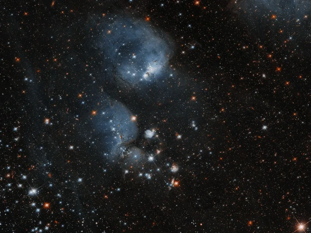 Two bulbous, bluish clouds of gas against a field of multi-colored stars. Stars shine within the clouds as well as outside.