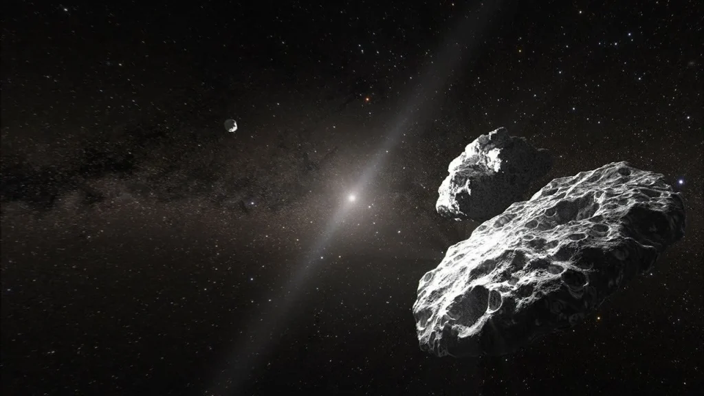 Illustration of two large, cratered rocks in the foreground right. Another rock is seen in the distance to the left. The black background of space shows the hazy Sun and zodiacal light due to dust in the solar system, as well as scattered distant stars. The words "Artist's Concept" appear in gray at the bottom left.