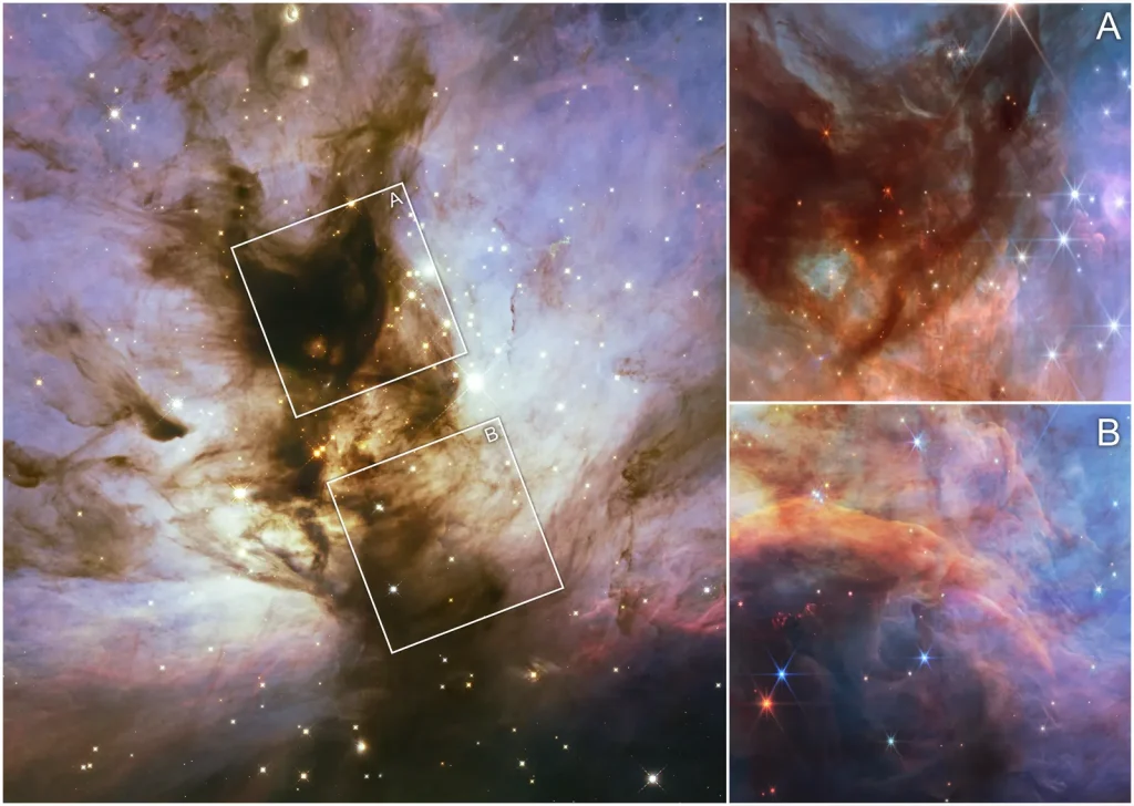 A collage of three near-infrared images showing a dusty nebula. The left two-thirds of the collage is taken up by a Hubble image of the nebula. The remaining third is taken up by two Webb images, one atop the other. The Hubble image has a pillar of dense brown dust running through the nebula at a diagonal from 5 o’clock to 11 o’clock. Wispy plumes appear to fly off from the pillar toward the sides amid blue clouds of the same material, which are whiter near the pillar. There are many white stars spread throughout. Two separate, white squares, tilted about 30 degrees, outline two areas in the pillar. The upper square has the letter “A” to the top right, while the lower square is marked by the letter “B”. These labels correspond to the two, magnified images of the nebula at right, with the top image also labeled “A” and the bottom image labeled “B”. Both images contain a mixture of reds, blues and browns, and show red, blue, and white stars.