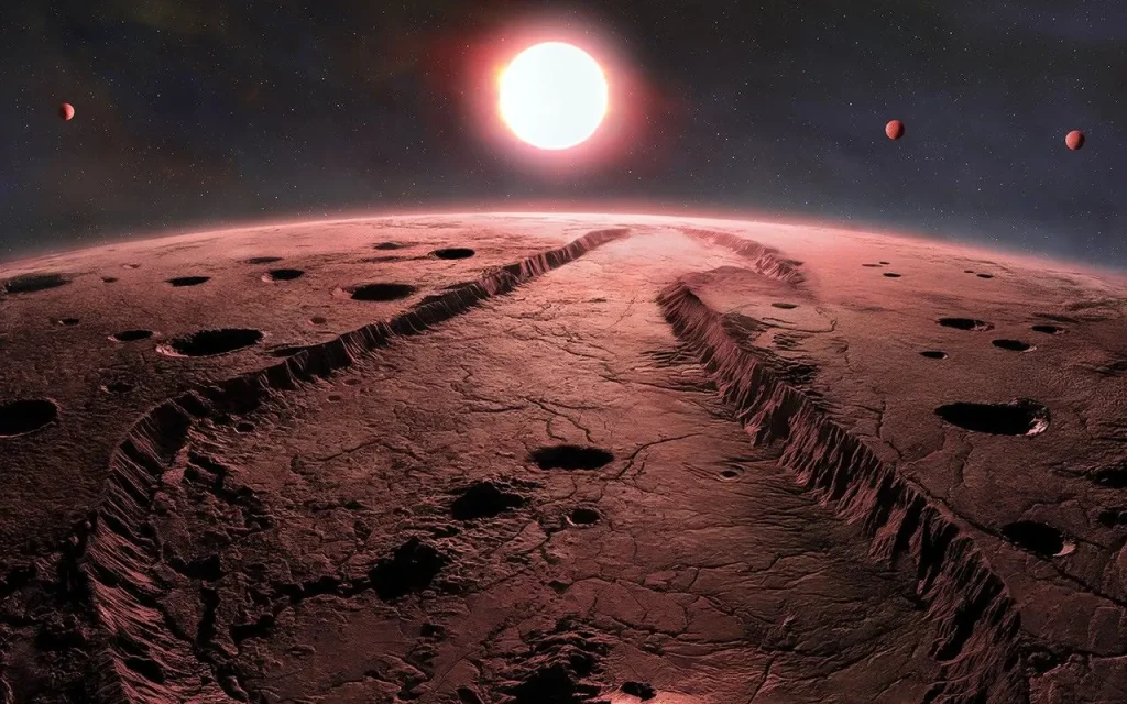 An artist’s view from what appears to be just above the surface of a small Barnard’s Star planet, covering the lower three-quarters of the image, the surface reddish brown, pocked with craters and a canyon-like trough stretching from the bottom center to the horizon. Above the curved horizon of the planet, at center, is the reddish Barnard’s Star, the other three small planets visible in the otherwise black background of space on either side of it – to the left of the star, one planet, lit about half-phase on the planet’s right side, and to the right of the star two planets, lit half-phase on their left sides.