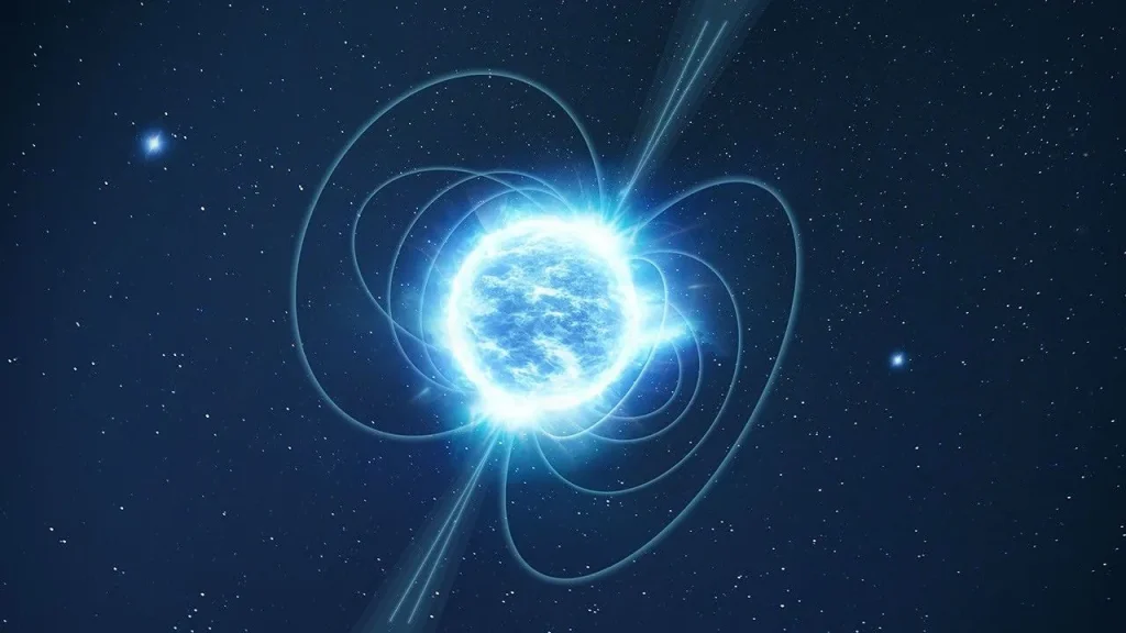 An artist’s impression of a magnetar, which is a special type of neutron star with an incredibly strong magnetic field. The neutron star at the center of the image is illustrated as a mottled blue-white sphere with a bright edge and streamers looping off it. Concentric blue lines wrap around the neutron star, like a cage, from upper right to lower left to symbolize the intense magnetic field the star possesses. The words “artist’s concept” are at bottom right.