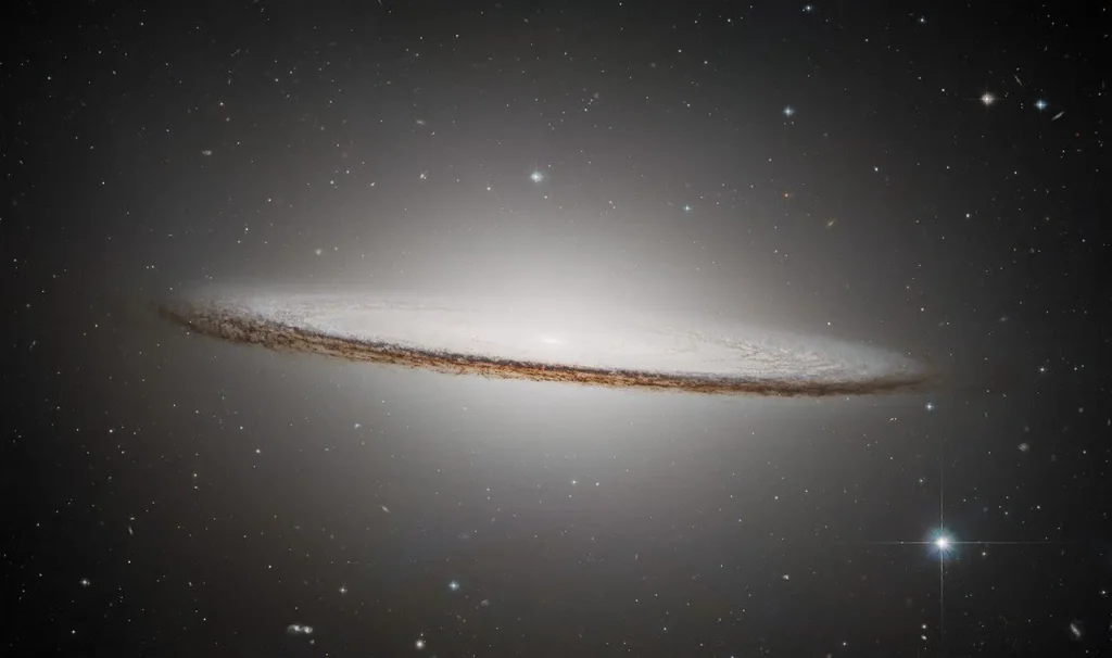 The Sombrero Galaxy is an oblong, pale white disk with a glowing core. It appears nearly edge-on but slants slightly in the front, presenting a slight top-down view of the inner region of the galaxy and its bright core. The outer disk is darker with shades of brown and black. Different colored distant galaxies and various stars are speckled among the black background of space surrounding the galaxy.