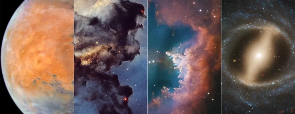 Four Hubble images from left to right: Mars, dark clouds in the Rosette Nebula, planetary nebula NGC 2899, and the barred spiral galaxy NGC 5335.