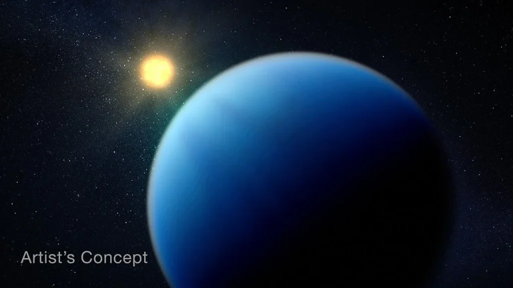 Illustration showing a large fuzzy blue planet in the foreground, and an orange-yellow star in the background.