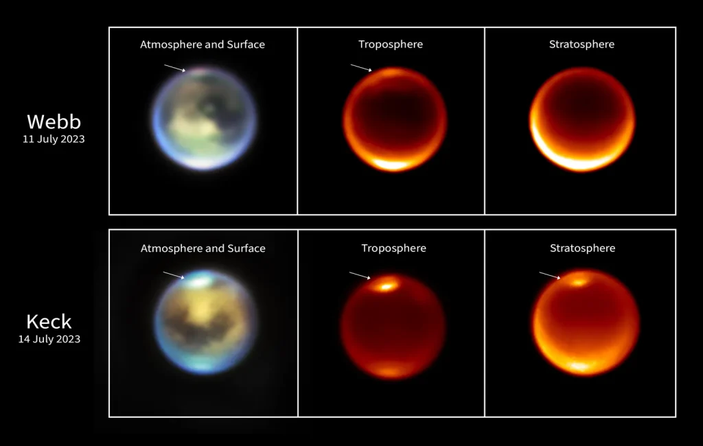 A six-panel graphic with two rows and three columns, showing infrared images of Saturn’s moon Titan.