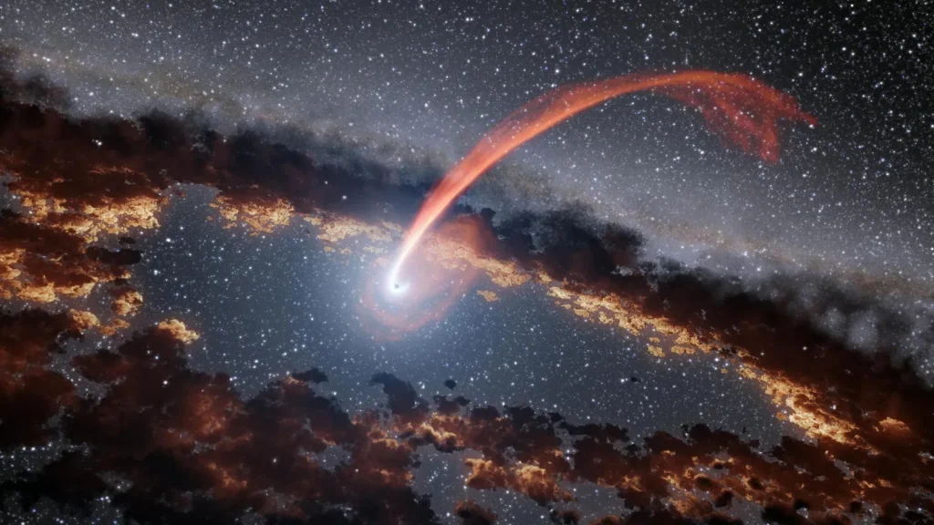 This illustration shows a glowing stream of material from a star as it is being devoured by a supermassive black hole in a tidal disruption flare. Astronomers gained new insights into tidal disruption flares thanks to data from NASA's WISE.
