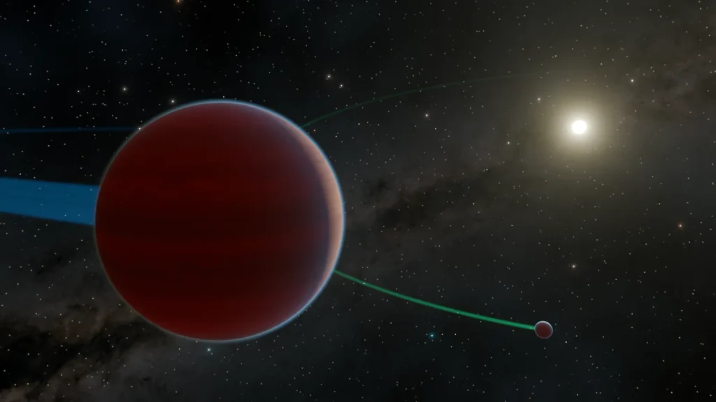 This artist's concept shows a star in the upper right-hand corner, a large planet across screen on the left side with a blue trail indicating its orbital path behind it and a smaller planet is seen on the lower right-hand side with a green trail behind it indicating its orbital path.