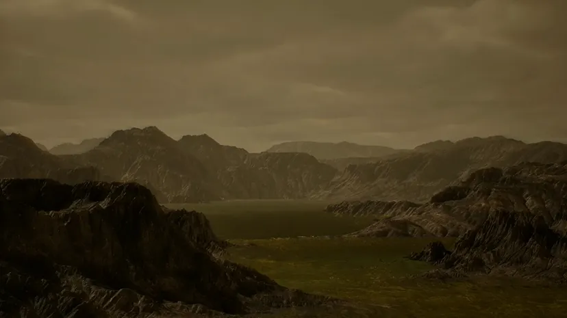 A mountainous formation on Titan with a lake and cloudy atmosphere.