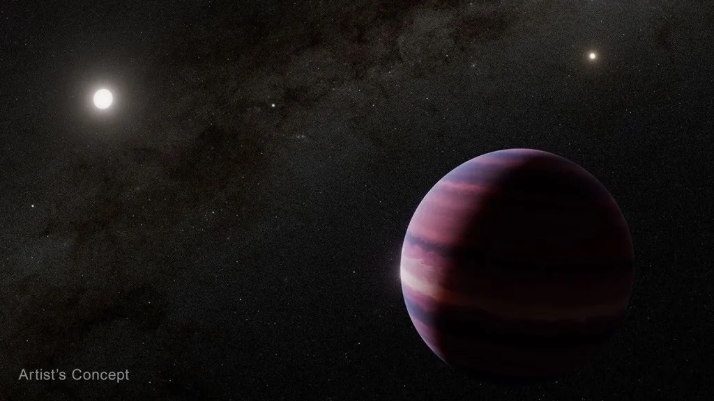Illustration of a large spherical object that looks like a gas giant planet. The object appears to have bands of tan, orange, and dark red horizontal lines forming patterns similar to those in the atmosphere of Jupiter. The background is filled with thousands of distant stars that form a Milky Way-like band running from left to right. The host star, Alpha Centauri A, appears as a glowing white circle to the upper left of the planet. Further off in the distance above and to the right of the planet is a smaller glowing circle, nearby Alpha Centauri B. The words “Artist’s Concept” are in the lower left corner.