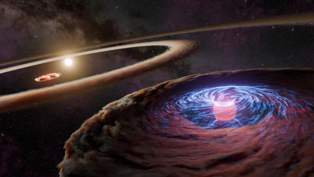 This artist's concept depicts the protoplanet WISPIT 2b accreting matter as it orbits around its star, WISPIT 2.