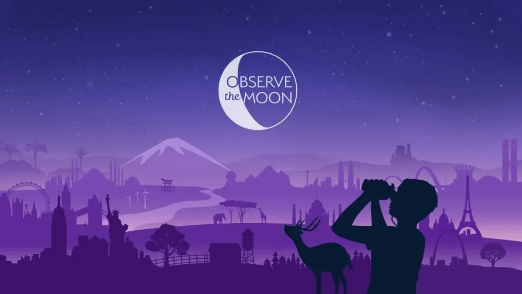 Graphic for observe the Moon night shows silhouette of young person looking at stylized Moon with purple backdrop featuring world landmarks