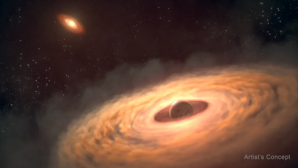 An illustration of a young planet with a surrounding disk of dust and gas potentially forming moons. The planet, which appears dark red, is shown at lower right, circled by a cloudy, clumpy reddish orange-colored disk. The host star appears at upper left, and glows yellow, with its own reddish disk of debris. The disk that surrounds the planet takes up about half the illustration. The black background of space is speckled with stars. The words Artist’s Concept appear at upper right.