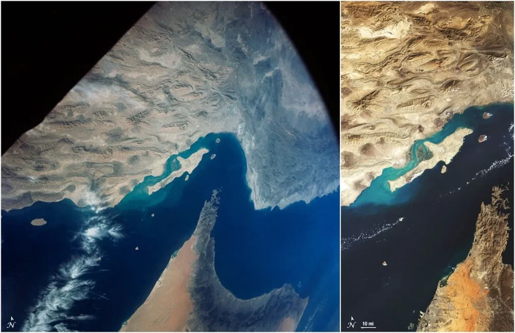 A side-by-side image comparison of the Persian Gulf as seen by the Gemini-12 spacecraft (left) and the Landsat 8 satellite (right). The Gemini-12 photograph was captured by an astronaut in 1966 and shows Iran, the Persian Gulf, Gulf of Oman, and the Arabian Peninsula. The natural-color Landsat 8 image shows the same area on November 21, 2024.