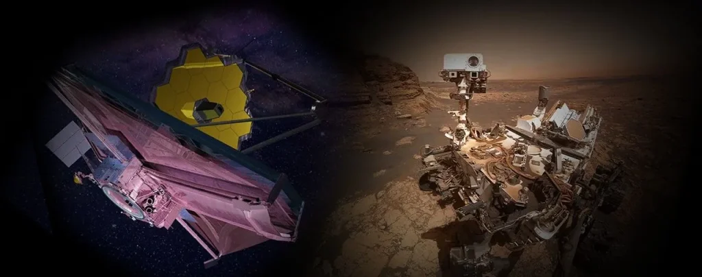 Image composited from an image of Curiosity in a rocky Mars landscape and Webb Telescope over a star filled background
