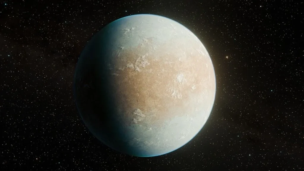 A planet illuminated against the blackness of space, its axis tilted to the left of the frame. The planet has a wide band of pale orange around its equator, pale blue regions above and below that, and wispy white clouds scattered around its face.
