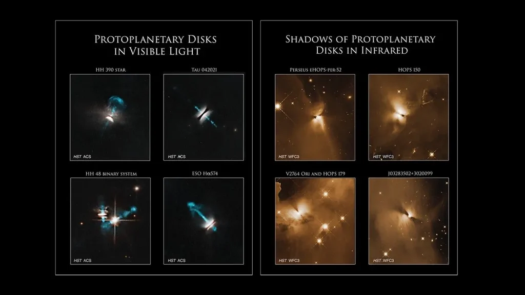 Side by side images of four protoplantetary disks in visible light., and four different protoplanetary disks in infrared light.