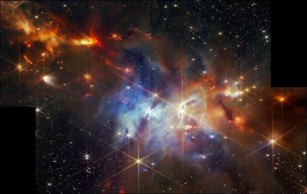 A rectangular image of the Serpens Nebula with black vertical rectangles at the bottom left and top right to indicate missing data. A young star-forming region is filled with wispy orange, red, and blue layers of gas and dust. The upper left corner of the image is filled with mostly orange dust, and within that orange dust, there are several small red plumes of gas that extend from the top left to the bottom right at the same angle. At center-left is a larger star that is circled. This star has Webb’s signature diffraction spikes, but along the right also has an arc of white, with the circular edge starting at the center of the star. Mostly blue gas fills the center. There is a particularly bright central star. The gas to the right is a darker orange. Small points of light are sprinkled across the field. The brightest sources have extensive eight-pointed diffraction spikes.
