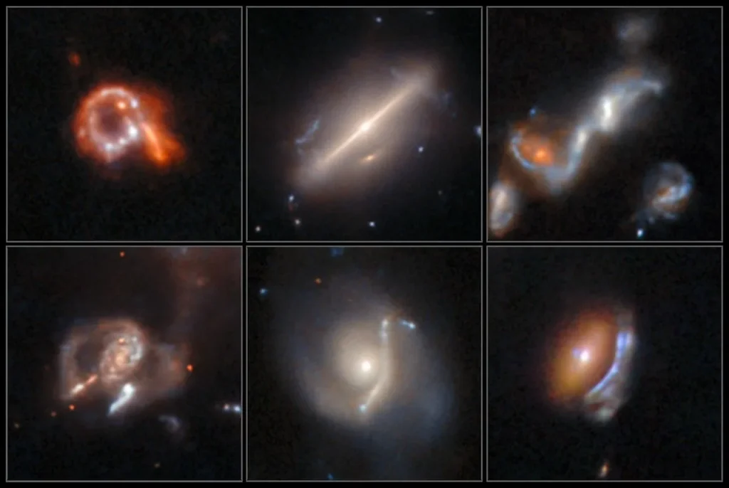 Six Hubble images of distorted galaxies are organized in a two-row mosaic. From left to right, the top row of galaxies appears as follows: The left panel has a galaxy that resembles the number nine tilted on its side to the left and has red-orange regions scattered with blue knots. The center square shows an edge-on spiral galaxy appearing like a white thin bar extending from 8 o’clock to 2 o’clock. It has a bright, compact core and a small background spiral galaxy just below the core. The right panel shows two merging galaxies forming a convoluted shape that extends from 8 o’clock to 2 o’clock. The bottom row of galaxies appears as follows: Left square contains a face-on spiral with faint, broad arcs of material to its left and right. The center panel has a hazy white, face-on spiral with a lumpy vertical line to its right that appears to curve around its core. The right panel shows an orange elliptical galaxy with a lumpy blueish galaxy curving around it to the right.