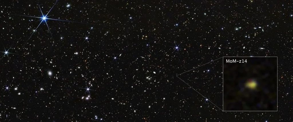 A wide field of view showing deep space, dotted with many small galaxies and a few foreground stars that display six diffraction spikes. One galaxy is highlighted with a magnified image in a graphic pull-out box in the lower right corner. The galaxy is labeled MoM-z14 and appears as a blurry yellow blob with a small red area at its top.