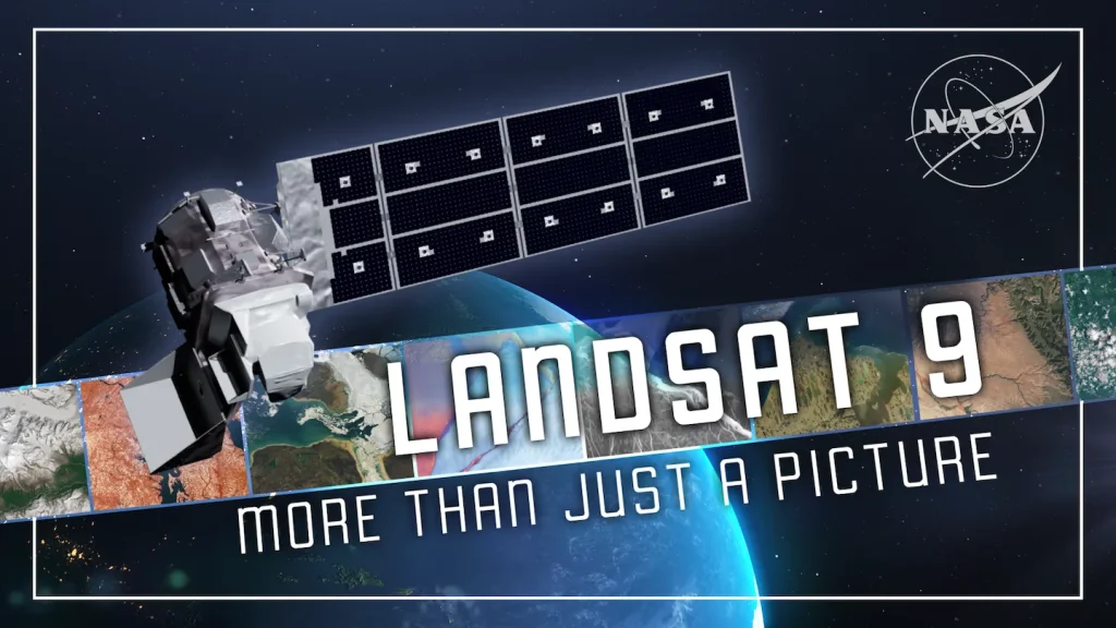 Thumbnail for video about Landsat 9 highlight video. An artist's rendering of Landsat 9 satellite floats above the Earth and a ribbon of Landsat imagery.