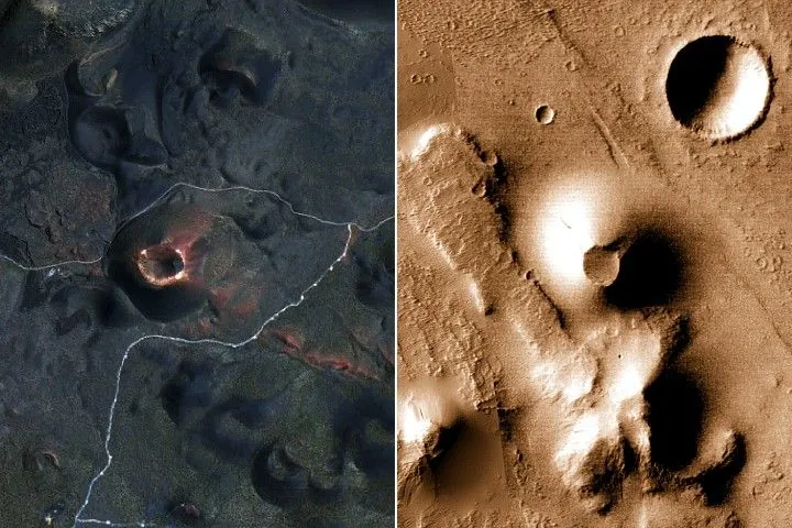 A closer view shows Sunset Crater, a scoria cone on Earth, (left) and an unnamed scoria cone on Mars (right) with textured lava flows around it. A road is visible winding around Sunset Crater. The scoria cone on Mars is a few kilometers wider than the analogous cone on Earth.