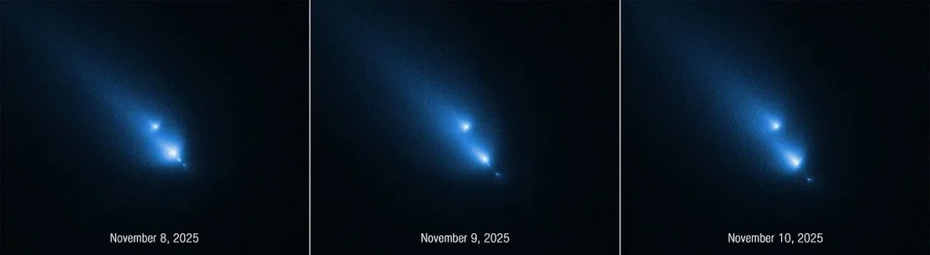 A time sequence of three panels side by side. From left to right, the panels are labeled November 8, 2025; November 9, 2025; and November 10, 2025. This series of images from NASA’s Hubble Space Telescope of the fragmenting comet C/2025 K1 (ATLAS), or K1 for short, was taken over the course of three consecutive days. The sequence shows the progressive disintegration of the comet over this brief period. Each panel features several bright, fuzzy, blue, streaking lights in a diagonal line from the upper left to the lower right of a black background. In the first panel, four comet-like objects appear. The largest is the second from the upper left. In the second panel, the largest object has broken into two pieces. In the third panel, the pieces appear to be moving away from each other along the invisible diagonal line.