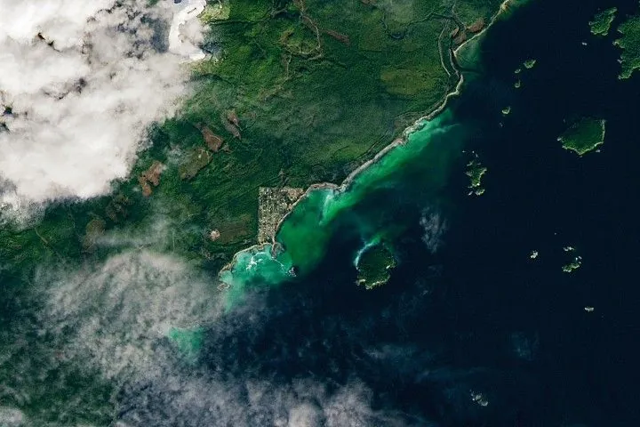 A swath of water along the coast of Vancouver Island appears cloudy and green to turquoise in color.