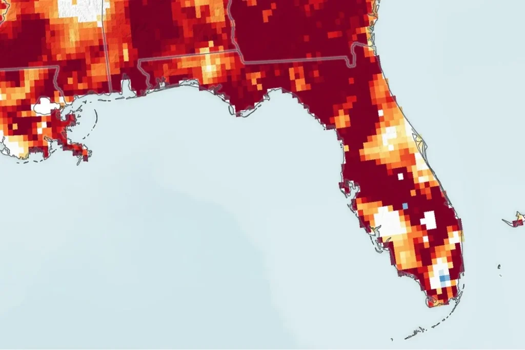 A map of Florida shows the driest aquifers in red and orange.
