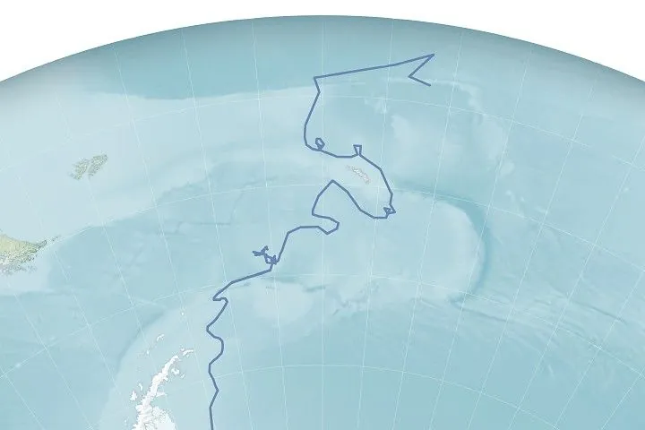 A map of the Southern Ocean and South Atlantic with Antarctica at the bottom, showing Iceberg A-23A’s path as a generally northward route with several loops and deviations.