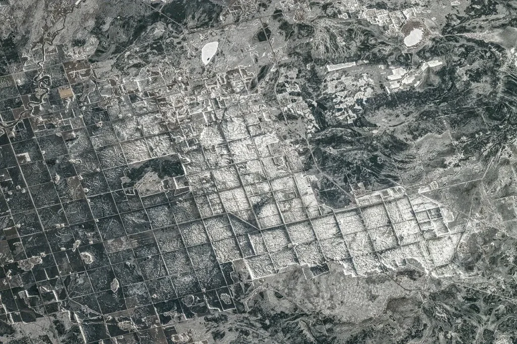 A satellite image shows a mostly grayscale landscape featuring grid-like patterns contrasted against surrounding irregular terrain.