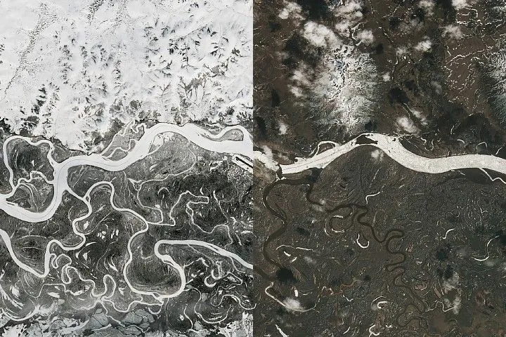 A river winds from east to west past Aniak, Alaska. Some stretches of the wide channel are still frozen over, while others contain broken-up ice. Most of the surrounding land is snow-free.