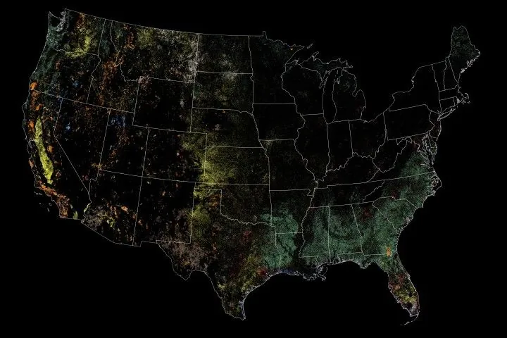 A map of the United States with a color-coded overlay showing the most recent type of land disturbance detected between 1998 and 2022, broken down into several types of wild disturbances and human-directed changes.