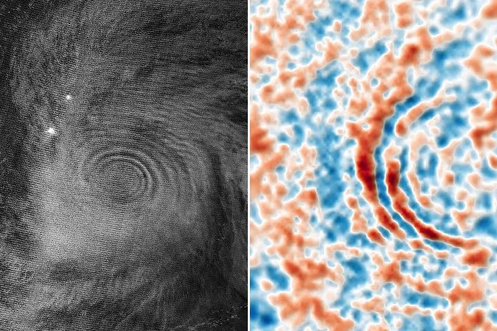 Gravity waves in the upper atmosphere appear as concentric rings in a nighttime, black and white satellite image. Clouds from a typhoon are also visible.