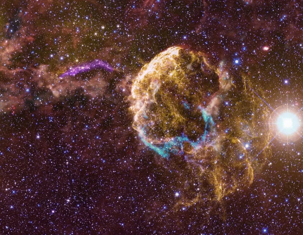Infrared, visible, and ultraviolet image of the area around the Jellyfish Nebula